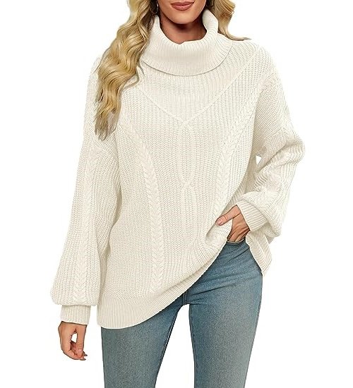 Turtleneck Sweaters for Women Oversized Sweater Chunky Cable Knit Pullover