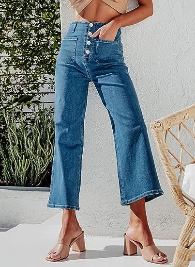 Women's Wide Leg Jeans High Waist Stretch Straight Jeans Button Down Loose Jeans with Pockets