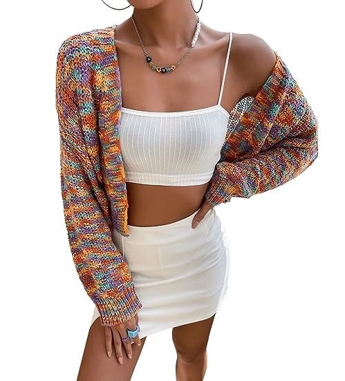 Women's Color Block Long Sleeve Open Front Cardigan Sweater Knit Crop Top