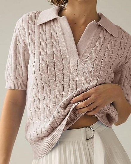 Women's Cable Short Sleeve Sweaters Tops Solid Lapel V Neck Knit Casual Soft Pullover Shirt