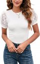 Women's round neck slim fitting mesh bubble sleeve jumpsuit casual rib knit jumpsuit