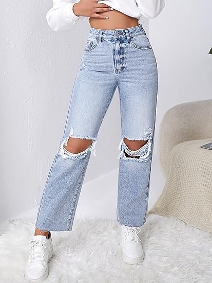 Women's High Waist Straight Leg Ripped Jeans Distressed Denim Pants