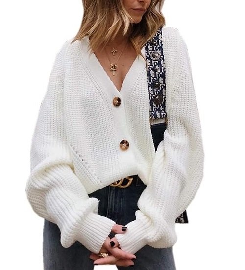 Women's V Neckline Button Down Knitwear Lantern Sleeve Basic Knit Cardigan Sweater