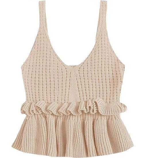 Women's Casual Knit Top Sleeveless Ruffle Hem V Neck Peplum Crop Tank Top
