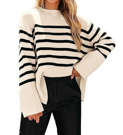Women's Fall Winter Casual Oversized Long Sleeve Striped Sweater Crew Neck Ribbed Knit Side Slit Pullover