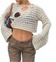 Women's Openwork Crochet Knit Cropped Tops Long Sleeve Autumn Sweater Tops