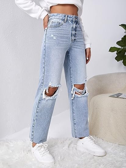 Women's High Waist Straight Leg Ripped Jeans Distressed Denim Pants