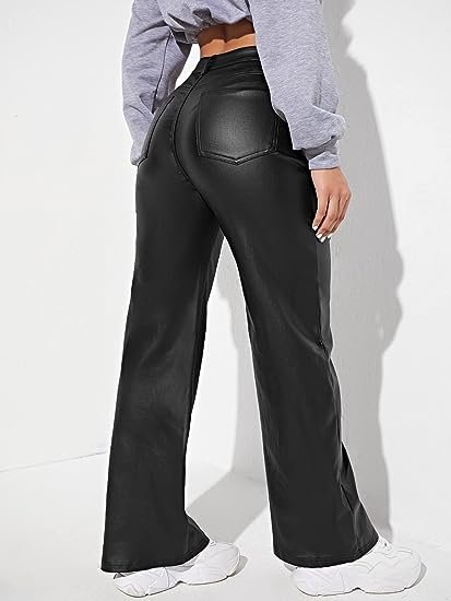 Women's High Waist Pockets Straight Leg Jeans Leather Look Pants