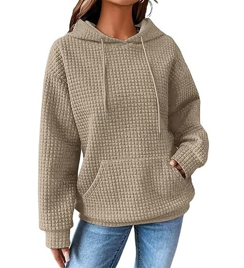 Womens Hoodies Casual Long Sleeve Drawstring Waffle Pullover Tops Loose Hooded Sweatshirt with Pocket